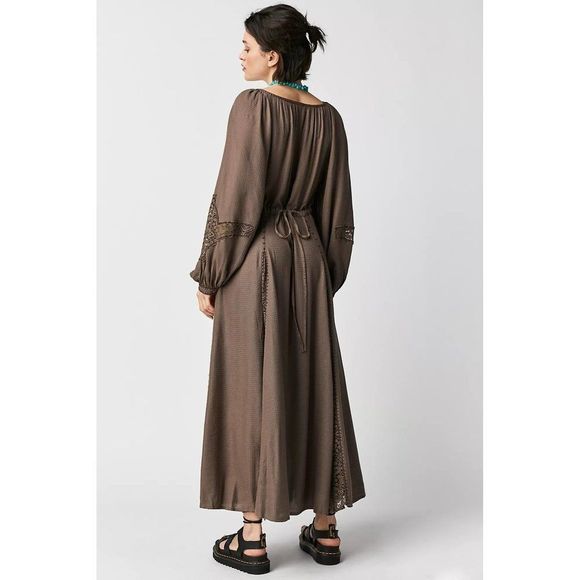 NWT Free People Brown Southwest Lace Maxi Dress, Long Sleeve V-Neck - Picture 2 of 6